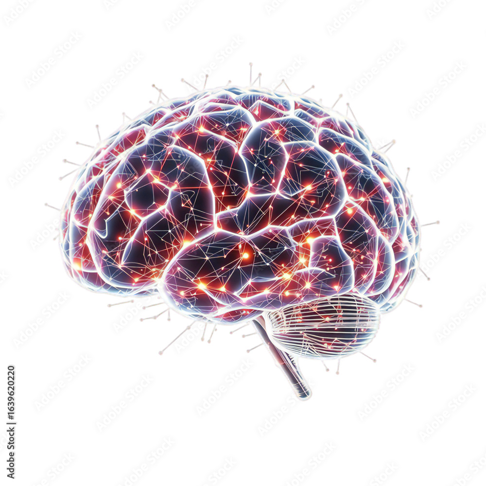Poster abstract representation of a human brain with glowing neural pathways and connections, symbolizing t