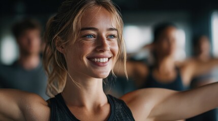 A beautiful woman with blonde hair smiles brightly, possibly during a fitness activity, radiating joy and vitality, with a blurred background suggesting a group setting.