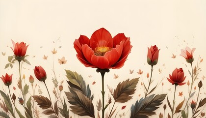 Obraz premium Illustration de Fleur Pavot Rouge sur Fond Crème