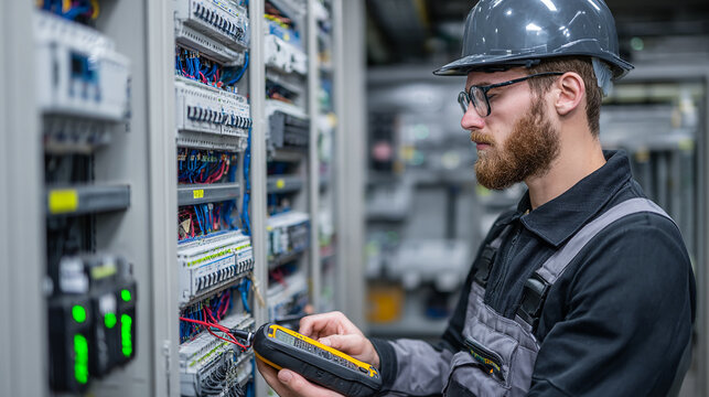 Engineer checking electrical panels with multimeter in control room