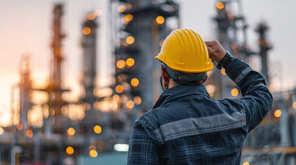 Engineer holding safety helmet and looking at oil refinery in the background