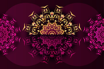 Gold and pink mandala art with intricate symmetrical details and star shaped central motifs on dark red backdrop