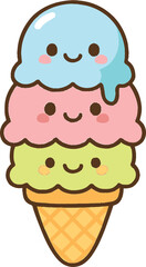 Cute Cartoon Ice Cream Cone with Three Scoops and Smiling Faces