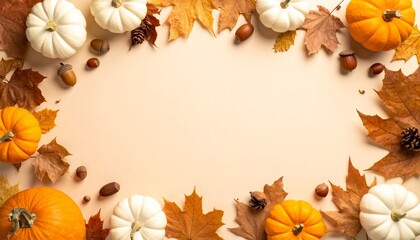 Autumn Fall Frame with Pumpkins and Colorful Leaves for Seasonal Designs