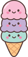 Cute Cartoon Ice Cream Cone with Smiling Faces and Pastel Colors