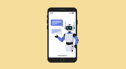 Robot and chat bubbles inside a smartphone on a pale yellow background