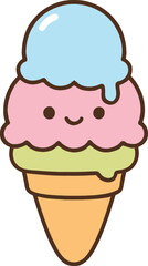 Cute Cartoon Ice Cream Cone with Three Flavors and a Happy Face