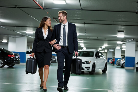 Two business colleagues with luggage walk and talk together through an airport parking garage, arriving for or returning from a corporate business trip