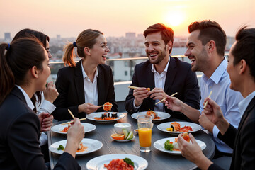 Plakat diverse group of happy business colleagues enjoys a sushi dinner on a rooftop at sunset, celebrating a successful deal or team building after work with food and drinks
