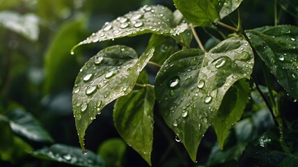 Fresh green leaves with sparkling water droplets, creating a vibrant plant background perfect for a nature banner, symbolizing freshness, growth, and tranquility.
