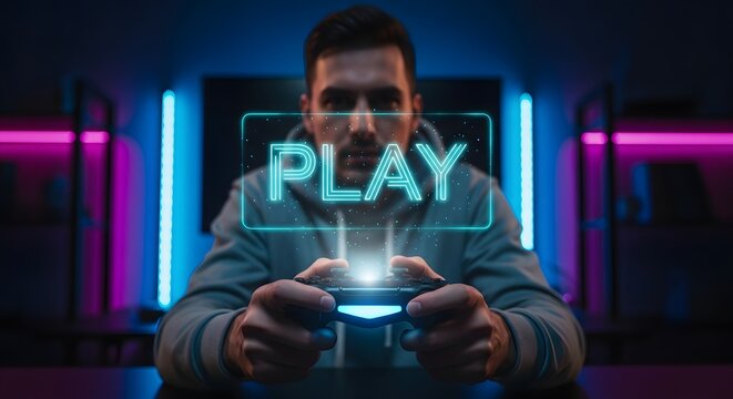Gamer with illuminated “Play” display