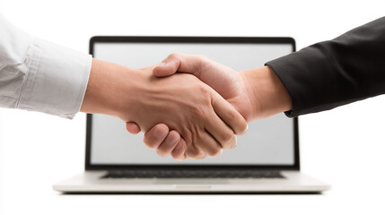 Hands shaking digitally in concept of online business agreement, white background.