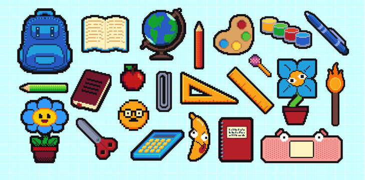Abstract back to school supplies pixelated icons. Retro 8 bit pixel art icon set, university, education items