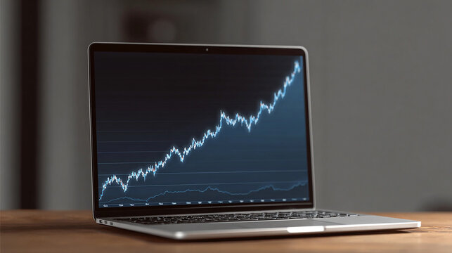 Laptop screen showing skyrocketing line graph with excited viewer.