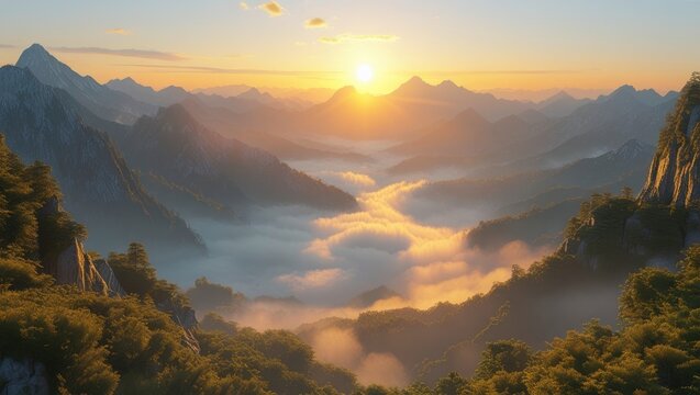 sunset on misty mountains and lakes
 - Powered by Adobe