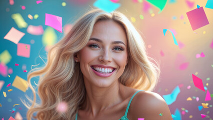 Smiling woman celebrates a joyful moment with confetti in the background.