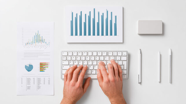 Man typing on keyboard with financial report beside, white background isolated image.