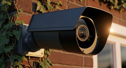 Modern Security Camera Mounted on Brick Wall, Golden Lens Detail