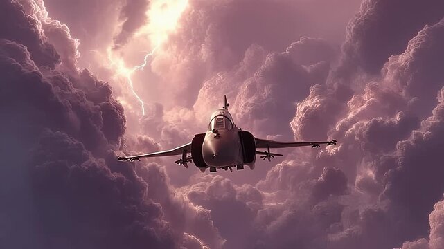 Fighter jet flying through dramatic purple storm clouds in powerful cinematic scene