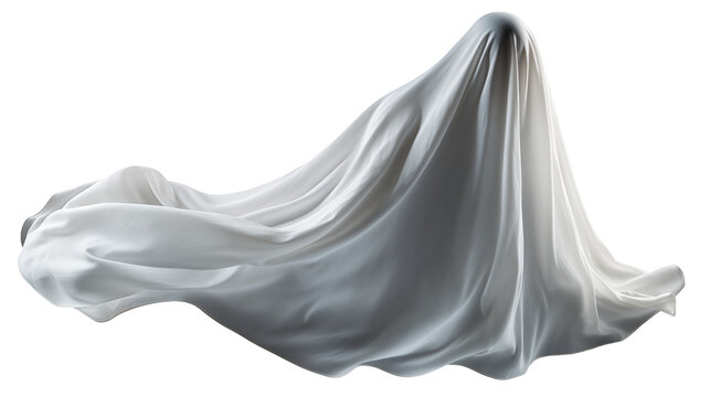 Ethereal ghost figure draped in flowing white fabric creates a spooky Halloween mood, perfect for event promotion or adding a touch of the supernatural to your design