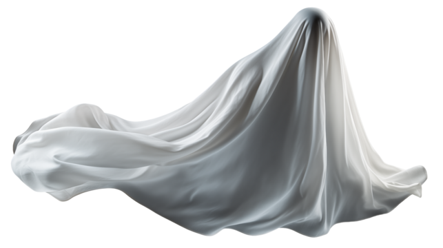 Ethereal ghost figure draped in flowing white fabric creates a spooky Halloween mood, perfect for event promotion or adding a touch of the supernatural to your design