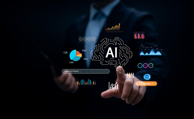 Businessman operating futuristic AI-powered data visualization dashboard with interactive charts, graphs and analytics, big data, automation and modern business decision-making processes