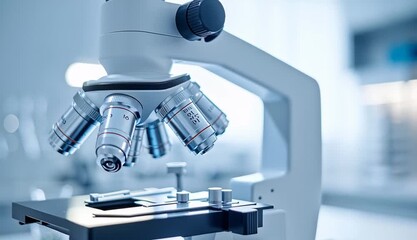 Professional laboratory microscope with multiple objective lenses, white modern scientific equipment, specimen stage and eyepiece visible