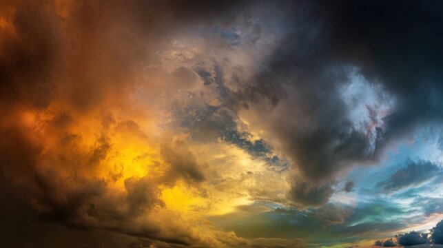 Dramatic sunrise and sunset sky with vibrant clouds, showcasing warm and cool color contrasts in a panoramic view.