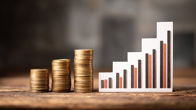 Stack of coins growing taller beside bar chart showing financial success.