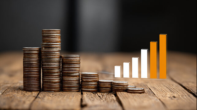 Stack of coins growing taller beside bar chart showing financial success.