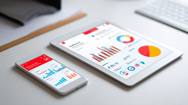 Tablet and smartphone displaying social media marketing data on white background.