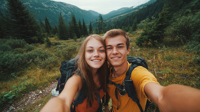 Young couple traveling with backpacks taking selfie in nature with mountain background.