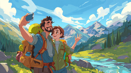 Young couple traveling with backpacks taking selfie in nature with mountain background.