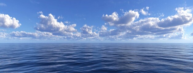 Vast ocean meets a clear blue sky, dotted with fluffy white clouds
