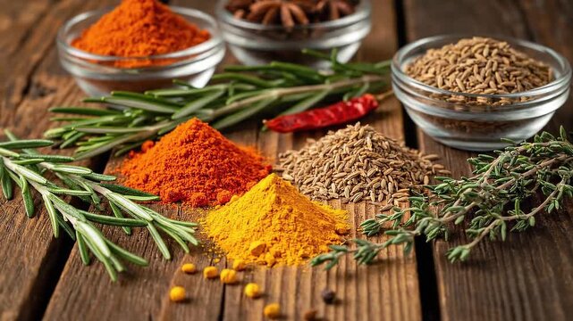 Spices and herbs arranged on wood orange yellow powders brown seeds green rosemary and thyme