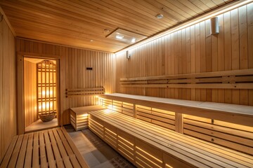 Inviting wooden sauna interior featuring multiple levels of benches, ambient lighting, and a glass door, promoting a tranquil spa experience