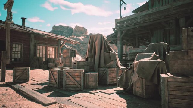 A deserted western town features rugged wooden buildings, covered crates, and a dusty dirt path. The landscape is surrounded by rocky hills under a bright, clear sky.