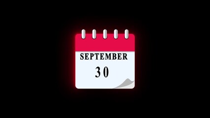 30 September date calendar icon animation, calendar icon video, calendar moving neon black background.