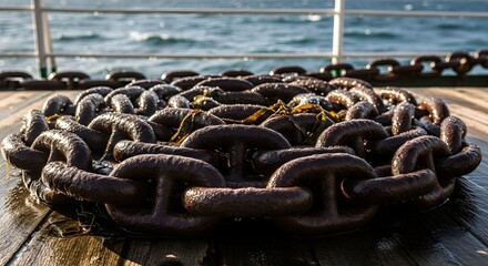 A large, wet, rusty anchor chain with seaweed coiled on a ship's wooden deck, with the sparkling ocean and railing in the background.