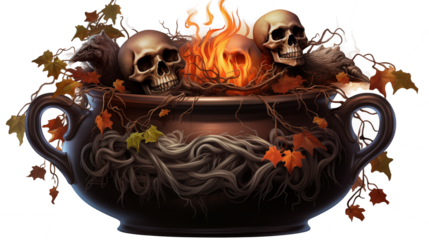 Chilling Halloween cauldron with skulls, eerie raven, and autumn leaves conjures spooky seasonal vibes, ideal for festive designs, party invitations, and haunting themes