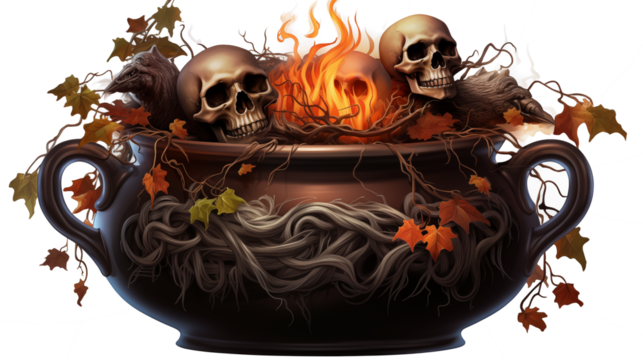 Chilling Halloween cauldron with skulls, eerie raven, and autumn leaves conjures spooky seasonal vibes, ideal for festive designs, party invitations, and haunting themes