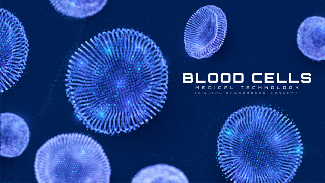 Blood cell glow blue with binary number code. Artificial intelligence dna background design concept. Abstract hematology wave medical technology scene, Vector illustration.