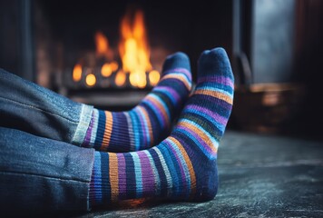 Relaxed feet in colorful striped socks by a fireplace