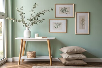 Serene hallway interior with a mint green wall, featuring a white console table adorned with a vase and branches, complemented by framed botanical prints and stacked cushions