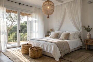 Bright and airy bohemian bedroom featuring a white bed with textured throws and pillows, a woven pendant light, and natural elements like wicker baskets and sheer curtains