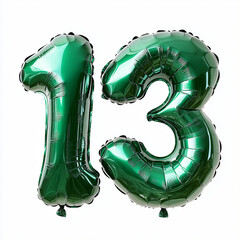 Green foil number balloons 13 on white background  