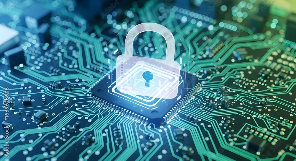 Poster digital fortress secure data protection encrypted microchip advanced cybersecurity system safeguardi