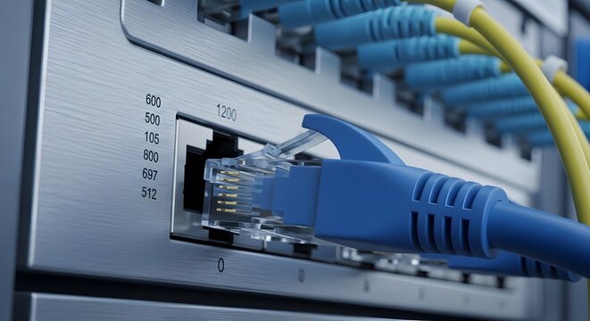 Connecting to the Network A close-up view of a blue ethernet cable plugging into a server port, with other cables in the background. Digital infrastructure.