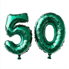 Green foil number balloons 50 on white background, concept of foil number balloon  