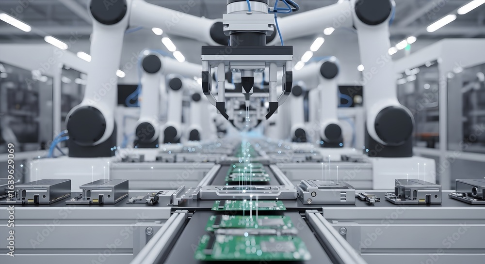 Aufkleber robotic precision automated assembly line meticulously crafting circuit boards, showcasing advanced 